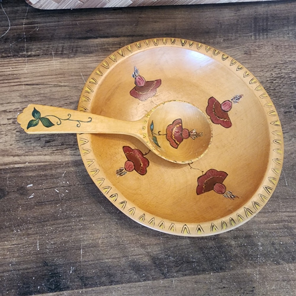 Wooden Serving Bowl w/Spoon Hand Painted Made in Sweden Vintage 1954 7" x 6.5"
